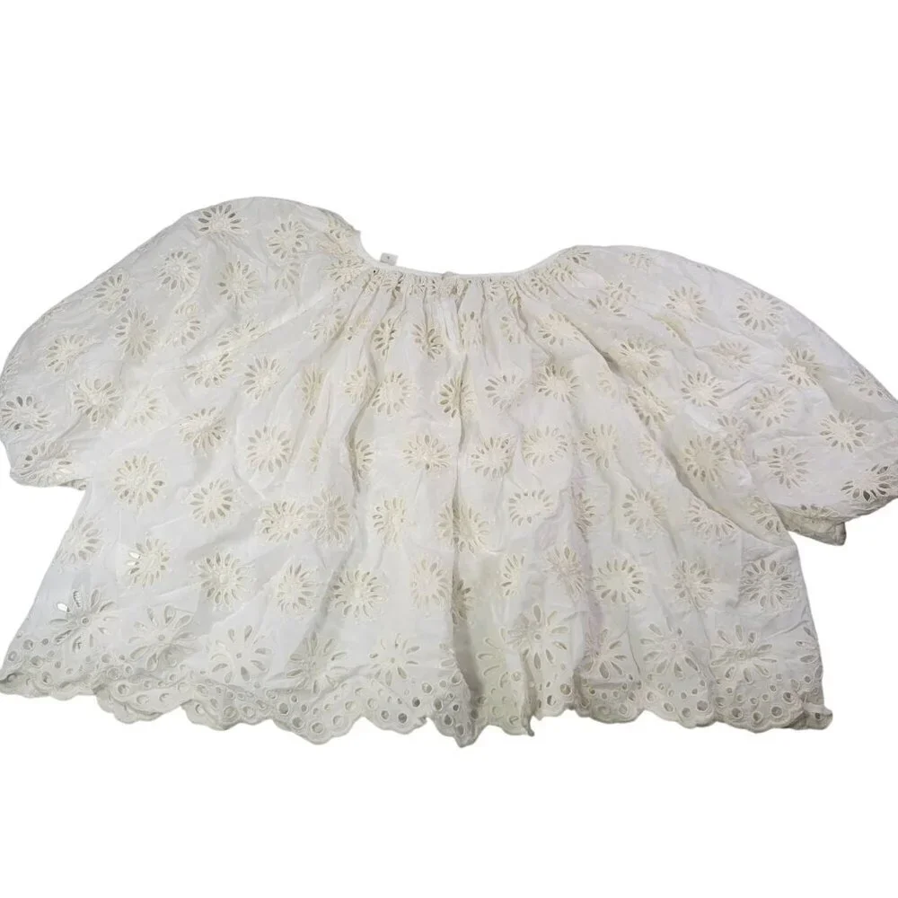 Madewell Womens White Eyelet Puff Sleeve Cotton Blend Top Size M